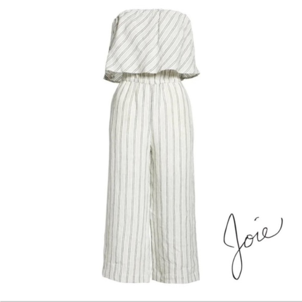 New Joie Brogan Off-White Dark Khaki Green Striped Strapless Linen Jumpsuit NWT